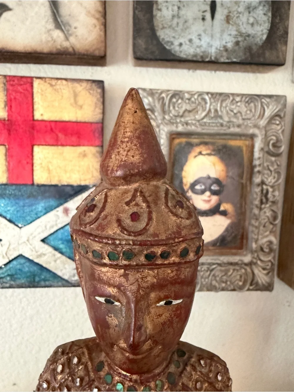 Vintage Southeast Asian Temple Guardian Statue Hand Painted‎ Gilt Wood Figure